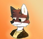 anthro arctic_fox black_clothing black_suit brown_body brown_fur bust_portrait canid canine clothed clothing collared_shirt cross_fox dark_ears doppelfoxx floppy_friday fox fur green_eyes head_tuft hybrid inner_ear_fluff looking_away male mammal nonbinary_(lore) portrait red_fox shirt simple_background snaggle_tooth solo suit topwear true_fox tuft yaxley_warrick_(doppelfoxx)