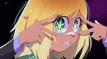 anthro blonde_hair deer deltarune female gesture hair hand_gesture hi_res hitsuji looking_at_viewer mammal noelle_holiday oshi_no_ko simple_background smile solo star_eyes style_emulation undertale_(series) v_sign