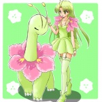 1:1 2009 alternate_species ambiguous_gender clothing cosplay costume dinosaur dress duo elemental_creature female feral flora_fauna flower_(anatomy) generation_2_pokemon green_hair hair humanoid humanoidized long_hair low_res meganium nintendo petting plant pokemon pokemon_(species) pokemon_costume pokemon_humanoid pokemorph prehistoric_species quadruped ranphafranboise redraw reptile sauropod sauropodomorph scalie yellow_eyes