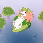 1:1 2016 ambiguous_gender blush elemental_creature english_text fangs feral floating flora_fauna flower flower_(anatomy) fur generation_4_pokemon green_body green_fur head_flower hi_res land_forme_shaymin leaf legendary_pokemon mammal nintendo nude open_mouth pawpads pink_pawpads plant pokemon pokemon_(species) purple_eyes shaymin shikaro signature smile solo teeth text tongue water wet white_body white_fur