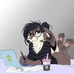 1:1 anthro beverage black_hair blue_eyes bottomless bubble_tea butt chest_tuft clothed clothing computer deerwalker ears_down electronics eyewear feet female flat_colors glasses hair hair_bun hi_res hindpaw lagomorph laptop large_glasses leporid looking_at_viewer low_cut_shirt lying mammal on_front painted_claws pattern_clothing pawpads paws pivoted_ears rabbit round_glasses simple_background solo striped_clothing stripes sweater topwear tuft writing_utensil