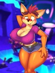 2022 3:4 activision anthro bandicoot big_breasts blush bodily_fluids body_swap bottomwear breasts cleavage clothed clothing crash_bandicoot crash_bandicoot_(series) crossgender dracojeff erect_nipples female flying_sweatdrops fur huge_breasts male mammal marsupial mtf_crossgender nipple_outline nipples orange_body orange_fur purple_clothing purple_topwear shorts solo sweat sweatdrop tawna_bandicoot thick_thighs topwear wide_hips