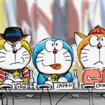 1:1 2019 anthro bell black_hair blue_body blue_fur bottle clothed clothing collar container cowboy_hat cowboy_outfit domestic_cat dora_the_kid doraemon doraemon_(character) english_text felid feline felis flag flag_(object) front_view fur furniture group hair hat headgear headwear human machine male mammal mouth_closed mt_tg nobita_nobi open_mouth orange_body orange_fur red_collar red_nose robot shaded shirt star table text the_doraemons tongue topwear wang_dora whiskers white_body white_fur yellow_body yellow_clothing yellow_fur yellow_shirt yellow_topwear