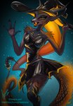 anthro clothing dress elemental_creature female glowing hair hat headgear headwear horn latex latex_clothing lava lava_creature long_ears long_hair long_horn long_tail mineral_fauna pinup pompeii_(timberwolfl) pose scales solo spikes stirren tail tongue tongue_out witch_costume witch_hat