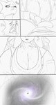 absurd_res anthro ball_fondling balls big_breasts bovid breasts caprine cleavage clothed clothing dialogue dreamy_pride english_text female fondling genitals hi_res huge_breasts humor kobold male male/female mammal mature_female monochrome penis scalie severa_tettona text