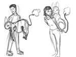 4:3 alien ambiguous_gender bodily_fluids carrying_another clothed clothed_human clothing demon_deity female feral fur group hi_res holding_another human lagomorph male mammal monochrome piggyback simple_background sivkit_(the_nature_of_predators) sketch standing sweat sweatdrop tail tail_tuft the_nature_of_predators trio tuft white_background