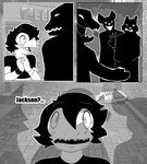 absurd_res adam_(parttimeyeen) anthro blush building clothing comic dialogue femboy group hi_res lizard male monochrome parttimeyeen_(artist) reptile scalie scared shirt silhouette topwear wristband