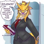 1:1 2024 absurd_res anthro book business_suit clothed clothing command dialogue digital_media_(artwork) dragon dragon_(dnd) dungeons_and_dragons english_text female fin formal_wear fully_clothed gold_dragon_(dnd) hasbro head_fin hi_res holding_book holding_object horn lluisabadias looking_at_viewer mythological_creature mythological_scalie mythology necktie pupils scales scalie sharp_teeth slit_pupils solo speech_bubble suit teacher teeth text wide_hips wizards_of_the_coast yellow_body yellow_eyes yellow_scales