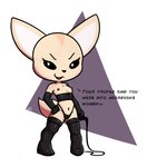 2020 aggretsuko anthro boots breasts camel_toe canid canine clothing d_widget dialogue dominant dominatrix english_text exposed_breasts female fennec_fox fenneko footwear fox fur gloves hand_on_hip handwear krucification leather looking_at_viewer mammal navel nipples sanrio shoes simple_background small_breasts solo speech_bubble tan_body tan_fur text true_fox underwear whip