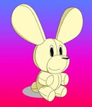 absurd_res anthro big_ears big_head glistening glistening_eyes glistening_nose gradient_background hi_res jason_burrow jay_jay_the_lucky_rabbit lagomorph leporid male mammal plushie rabbit scut_tail short_tail simple_background sitting small_nose smile solo swift_bristle tail