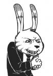 anthro antisemitism black_and_white black_nose clothed clothing dipstick_ears disney ear_markings ears_up facial_markings gud happy_merchant head_markings head_tuft jack_savage lagomorph leporid low_res male mammal markings meme monochrome multicolored_ears necktie rabbit racism reaction_image simple_background solo suit teeth tuft white_background zootopia