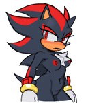 anthro areola black_body black_fur black_lipstick blush blush_lines bracelet breasts chest_tuft clothing crossgender eyelashes featureless_crotch female fur gloves handwear jewelry lipstick makeup navel nipples red_areola red_body red_eyes red_fur red_nipples sega shadow_the_hedgehog simple_background small_breasts solo sonic_the_hedgehog_(series) tan_body tan_fur thick_thighs tuft unknown_artist white_background white_body white_clothing white_fur white_gloves white_handwear wide_hips