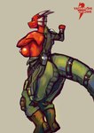 2024 absurd_res accessory anthro armored_core_(series) belt belt_buckle big_breasts big_butt bodysuit boots breasts buckle butt clothed clothing digital_drawing_(artwork) digital_media_(artwork) digital_painting_(artwork) digitigrade female flight_suit footwear frill_(anatomy) furgonomics green_bodysuit green_clothing green_skinsuit half_naked hi_res horn jumpsuit lizard looking_at_viewer nipples pilot pilot_suit putting_on_clothes raised_arm red_body red_scales reptile scales scalie shoes skinsuit smile smiling_at_viewer smirk smirking_at_viewer smug smug_face snout solo tail tail_accessory tail_belt tight_clothing xil-bar yaramoshi_satoshi