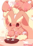 anthro bodily_fluids bowl breast_milking breasts candy chocolate container dessert exclamation_point female food generation_4_pokemon heart_symbol hi_res lactating lopunny milk nakimayo nintendo nipples pokemon pokemon_(species) solo