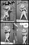 2019 angry anthro black_border bodily_fluids borba border bottomwear canid canine clothed clothing comic crying digital_media_(artwork) disney door duo english_text eyebrows female fluffy fluffy_tail fox greyscale hair hi_res judy_hopps lagomorph leporid male mammal monochrome necktie pajamas pants rabbit red_fox shay_(borba) sound_effects speech_bubble sweat tail tears text true_fox zootopia