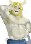 2024 2_horns absurd_res anthro areola armpit_hair asgore_dreemurr beard biceps blonde_beard blonde_facial_hair blonde_hair blonde_pubes blue_bottomwear blue_clothing blue_jeans blue_pants bodily_fluids body_hair boss_monster_(undertale) bottomwear bovid breath caprine chest_hair clothed clothing denim denim_bottomwear denim_clothing facial_hair fangs floppy_ears front_view fur grey_eyes hair happy_trail hi_res horn jeans kogito long_hair male male_anthro mammal muscular muscular_anthro muscular_male navel nipples one_eye_closed open_mouth pants pecs pink_nose pink_tongue pubes raised_arm short_tail simple_background snout solo standing sweat sweaty_face tail teeth tongue topless topless_anthro topless_male undertale_(series) watering_can white_areola white_background white_body white_ears white_fur white_horn white_nipples white_tail