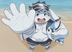 absurd_res anthro beach belly blue_body blue_eyes blue_fur blush clothing footwear fur hat headgear headwear hi_res inaba_(tamacolle) lagomorph leporid long_ears male mammal overweight rabbit sandals shoes solo swimwear tamacolle visor_cap yukumaru3