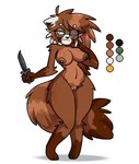 3_toes 4_fingers absurd_res ailurid amber_eyes anthro big_breasts black_nose breasts brown_body brown_fur brown_nipples elk_ridge_(cutlery) eyewear eyewear_only fckinmaggot feet female fingers fluffy fluffy_tail fur genitals glasses glasses_only hair hi_res holding_object keiko_(vex714) knife long_hair mammal model_sheet navel nipples nude one_eye_closed pussy red_panda round_glasses shadow simple_background smile solo standing tail toes wearing_glasses white_background white_body white_fur wide_hips