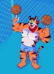 2022 3_toes 5_fingers absurd_res anthro ball bandanna barefoot basketball_(ball) biceps black_eyes black_stripes blue_nipples blue_nose bulge clothed clothing countershading english_text feet felid fence fingers frosted_flakes fur half-closed_eyes hi_res high-angle_view kellogg's kerchief looking_at_viewer male mammal markings mascot multicolored_body multicolored_fur muscular muscular_anthro muscular_male narrowed_eyes nipples open_mouth orange_body orange_fur pantherine pecs shadow simple_background smile solo soupspicyy standing striped_body striped_fur striped_markings striped_tail stripes tail tail_markings text text_on_bandanna tiger toes tony_the_tiger topless underwear whiskers white_body white_fur yellow_eyes yellow_sclera