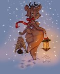 2022 anthro antlers big_butt blue_eyes bow_ribbon breasts brown_body brown_fur brown_hair butt convenient_censorship decoration deer english_description english_text female fur hair holding_object horn lamp lantern legs_up lewdersheep mammal nude simple_background smile snow snowing solo tail text winter