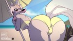 16:9 animated anthro beach bikini bovid butt caprine clothing diives female fluffy goat mammal qingjiu_(diives) red_eyes shaking_butt short_playtime solo swimwear two-piece_swimsuit widescreen wiggle xingzuo_temple