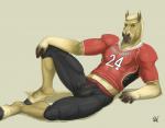 2017 5_fingers abs alistair_goldmane american_football_uniform anthro arm_support biceps biped black_bottomwear black_clothing black_hooves black_pants bottomwear brown_body brown_eyes brown_fur clothed clothing competition_number digital_media_(artwork) equid equine eyebrows fingerless_(marking) fingers football_jersey football_player fully_clothed fur hair hooves horse humanoid_hands jersey laced_pants looking_at_viewer male mammal multicolored_body multicolored_fur muscular muscular_anthro muscular_male nipple_outline number number_on_clothing number_on_jersey number_on_topwear number_print pants pecs print_clothing print_jersey print_topwear reclining red_clothing red_shirt red_topwear rov shirt short_hair signature simple_background snout solo tail tan_body tan_fur tan_hair tan_tail text text_on_clothing text_on_jersey text_on_topwear text_print topwear uniform white_background