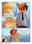 2017 anthro aoizuri blush bottomwear bulge butt canid canine canis cheerleader cheerleader_outfit clothed clothing comic comic_panel crossdressing dialogue digital_drawing_(artwork) digital_media_(artwork) domestic_dog duo english_text erection femboy grinding hair hi_res male male/male mammal multicolored_hair necktie pom_poms purple_eyes skirt speech_bubble standing talking_to_another talking_to_partner tenting text two_tone_hair