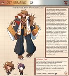 anthro brown_body brown_fur brown_hair claws clothing english_text female fur generation_2_pokemon hair hi_res human kinkymation male mammal nintendo pokemon pokemon_(species) purple_eyes purple_hair rope sash text ursaring