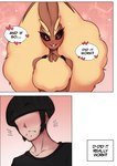 absurd_res anthro black_hair blush brown_body clothed clothing comic dialogue duo english_text femboy generation_4_pokemon hair heart_symbol hi_res human lopunny male mammal nintendo pokemon pokemon_(species) saltyxodium text