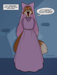 2022 anthro canid canine clothed clothing dialogue disney dress english_text female fitletter fox full-length_portrait gaping_mouth hands_behind_back headdress hi_res looking_at_viewer maid_marian mammal open_mouth portrait purple_clothing purple_dress red_fox robin_hood_(disney) solo standing talking_to_viewer text tongue tongue_out true_fox