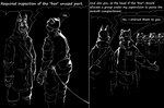 absurd_res anthro black_background canid colored_line_art comic cybernetics dark dialogue digital_drawing_(artwork) digital_media_(artwork) english_text felid group hi_res kofomy machine male mammal monochrome simple_background speech_bubble text white_line_art