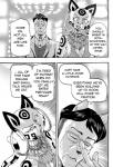 anthro breasts cheetah cleavage clothed clothing comic daigaijin dialogue domestic_cat duo ear_piercing ellipsis english_text eyewear felid feline felis female furryfight_chronicles glasses hair hi_res male mammal monochrome nyarai_(furryfight_chronicles) piercing shun_gonfano speech_bubble text