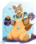 absurd_res anthro blush canid canine clothing console controller diaper diaper_under_clothing extremius_amphibious feces fox front_view gamecube hi_res male mammal messy messy_diaper nintendo open_mouth overalls pacifier pacifier_clip shirt shortalls smile soiling solo t-shirt text topwear velcro_footwear