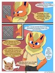 3:4 absurd_res anthro brown_body brown_eyes canid canine clothed clothing comic dialogue digital_drawing_(artwork) digital_media_(artwork) duo eevee eeveelution elizabeth_venizee english_text female flamberry_(artist) flareon franklin_flare fur generation_1_pokemon hair hi_res ibispaint_(artwork) male mammal nintendo open_mouth orange_body orange_fur pokemon pokemon_(species) simple_background smile speaker tan_body tan_fur text yellow_body yellow_fur