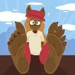 1:1 2024 5_toes anthro barefoot bodily_fluids brown_body brown_fur canid canine claws clothing confusion feet female foot_fetish foot_focus freckles fur hat headgear headwear humanoid_feet larissa_(zalbox34) looking_at_viewer mammal pawpads plantigrade question_mark sitting solo sweat sweat_drip sweaty_feet toe_claws toes zalbox34