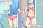 3:2 animal_humanoid blue_hair blush blush_lines bottomwear bow_panties bow_underwear bra breasts cat_humanoid cleavage clothed clothing comic dialogue english_text felid felid_humanoid feline feline_humanoid female hair humanoid inner_monologue mammal mammal_humanoid myu_(pixiveo) panties pink_bra pink_clothing pink_panties pink_underwear pixiveo smile solo standing tail text thinking topwear underwear underwear_only