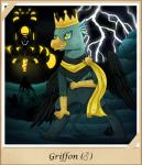 amber_eyes arimaspi_(mlp) avian clothing crown cyclops electricity friendship_is_magic gryphon hasbro headgear king_guto_(mlp) lightning male my_little_pony mythological_avian mythological_creature mythology vavacung