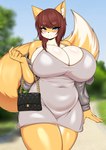 2024 absurd_res anthro bag big_breasts blue_eyes breasts brown_hair canid canine cleavage clothed clothing covered_navel curvy_figure dress eyebrows female fluffy_ears fox grey_clothing hair hana_(keep0621) handbag hi_res huge_breasts hyper inner_ear_fluff jacket looking_at_viewer mammal mouth_closed multicolored_body open_clothing open_jacket open_topwear outside overweight partially_clothed short_hair sleeveless_dress slightly_chubby smile solo tail tailzkim thick_eyebrows thick_thighs tight_clothing topwear tuft two_tone_body white_body yellow_body