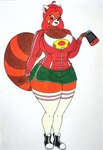 absolute_territory ahoge ailurid anthro bao_azalea big_breasts big_butt bottomwear breasts brown_eyes butt cleavage clothed clothing curvy_figure female footwear fur hair hi_res holding_object hourglass_figure jacket mammal nintendo nintendo_switch pants partially_unzipped red_body red_fur red_hair red_panda smile socks solo thaliaglacyswells topwear wide_hips