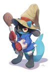 2024 3_toes absurd_res anthro barefoot black_mage_(job) blue_body blue_fur clothing cosplay feet final_fantasy final_fantasy_ix fur generation_4_pokemon gloves handwear hat headgear headwear hi_res holding_object looking_at_viewer mage_(final_fantasy) male nintendo nullma pokemon pokemon_(species) riolu solo square_enix tail toes vivi_ornitier wizard_hat