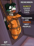 ball_gag bdsm bondage bound canid canine duo english_text fangs gag hi_res latex mammal prison prisoner sharp_teeth sleepsack solo_focus storage stripedcrocodile teeth text