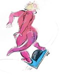 anthro arm_tuft blonde_hair elbow_tuft full-length_portrait fur hair hi_res male mammal mustelid nude onewheel oselotti ottah otter pink_body pink_fur pink_tail portrait rear_view signature simple_background sketch solo standing tail tuft white_background white_tail