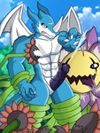 3:4 ambiguous_gender anthro bandai_namco blossomon bodily_fluids cum digimon digimon_(species) dragokaizer666 duo elemental_creature exveemon flora_fauna genital_fluids genitals hi_res male muscular muscular_anthro muscular_male pecs_bite penis plant restrained restrained_by_tentacles tentacle_around_leg tentacles vein veiny_penis vine_tentacles vines