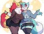 2022 4_fingers anthro big_breasts blue_body blue_eyes blue_fur bottomwear braixen breasts canid canine clothed clothing collar countershading crescent_moon crossdressing cute_fangs duo eyebrows fan_character female femboy fingers fox fur fur_markings furgonomics generation_6_pokemon hi_res hoodie inner_ear_fluff legwear lolzneo long_sleeve_shirt male mammal markings moon musical_note musical_symbol nintendo open_mouth pokemon pokemon_(species) portrait red_eyes red_nose ribbons roflfox seraphine_(roflfox) side_by_side skirt standing stick symbol tail tail_through_skirt tail_under_skirt thigh_highs three-quarter_portrait topwear tuft white_body white_fur wide_hips yellow_body yellow_fur