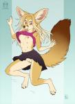 2017 anthro areola barefoot biped breasts canid canine claws clitoris clothed clothing clothing_lift digital_media_(artwork) ear_piercing ear_ring exposed_breasts feet female fennec_fox fox genital_piercing genitals gloves_(marking) inner_ear_fluff ivy_trellis jumping kacey mammal markings multi_nipple nipples no_underwear open_mouth piercing pussy pussy_piercing pussy_ring red_eyes ring_piercing shirt simple_background solo tail toe_claws topwear true_fox tuft upskirt yanoi_lacroix