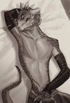 bed clothed clothing dragonborn_(dnd) dungeons_and_dragons furniture greyscale hand_behind_head hand_in_pants hasbro hi_res horn looking_at_viewer lying lying_on_bed male maxspite monochrome on_back on_bed open_mouth pupils scales scalie slit_pupils solo tail topless wizards_of_the_coast wrapped_arms