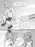 3:4 anthro anthrofied bottomwear clothed clothing comic dialogue electrike english_text fully_clothed fuze gao_(fuze) generation_3_pokemon greyscale hi_res jolt_(fuze) male marshtomp monochrome nintendo open_mouth outside pawl_(fuze) pokemon pokemon_(species) pokemorph poochyena shirt shorts tank_top text topwear