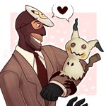 2016 astral-glass bald black_clothing black_gloves black_handwear clothing crossover duo generation_1_pokemon generation_7_pokemon gloved_hands gloves handwear heart_symbol human male mammal mimikyu necktie nintendo pikachu pokemon pokemon_(species) red_clothing red_mask red_necktie red_suit spy_(team_fortress_2) stubble suit team_fortress_2 valve