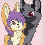 anthro arturo_wolff black_body black_fur blep canid canine canis countershading duo eye_contact fennec_fox fox fur grey_body grey_fur hair hug hugging_another hugging_from_behind looking_at_another looking_back male male/male mammal orange_body orange_fur purple_hair reverse_countershading simple_background smile smolsynthwave tongue tongue_out true_fox wolf yellow_body yellow_fur