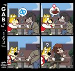 anthro base_two_layout brown_hair canid canine canis cellphone chair clothed clothing coffee_mug coffee_shop comic confusion dating_app dialogue domestic_dog duo electronics escaping female flirting four_frame_grid four_frame_image furniture gab_(comic) gab_shiba gabshiba gender_symbol grid_layout hair holding_cellphone holding_object holding_phone male male/male_symbol male_symbol mammal on_chair outside phone pictographics question_mark regular_grid_layout running sexuality_symbol shiba_inu sitting sitting_on_chair spitz symbol table two_row_layout walking